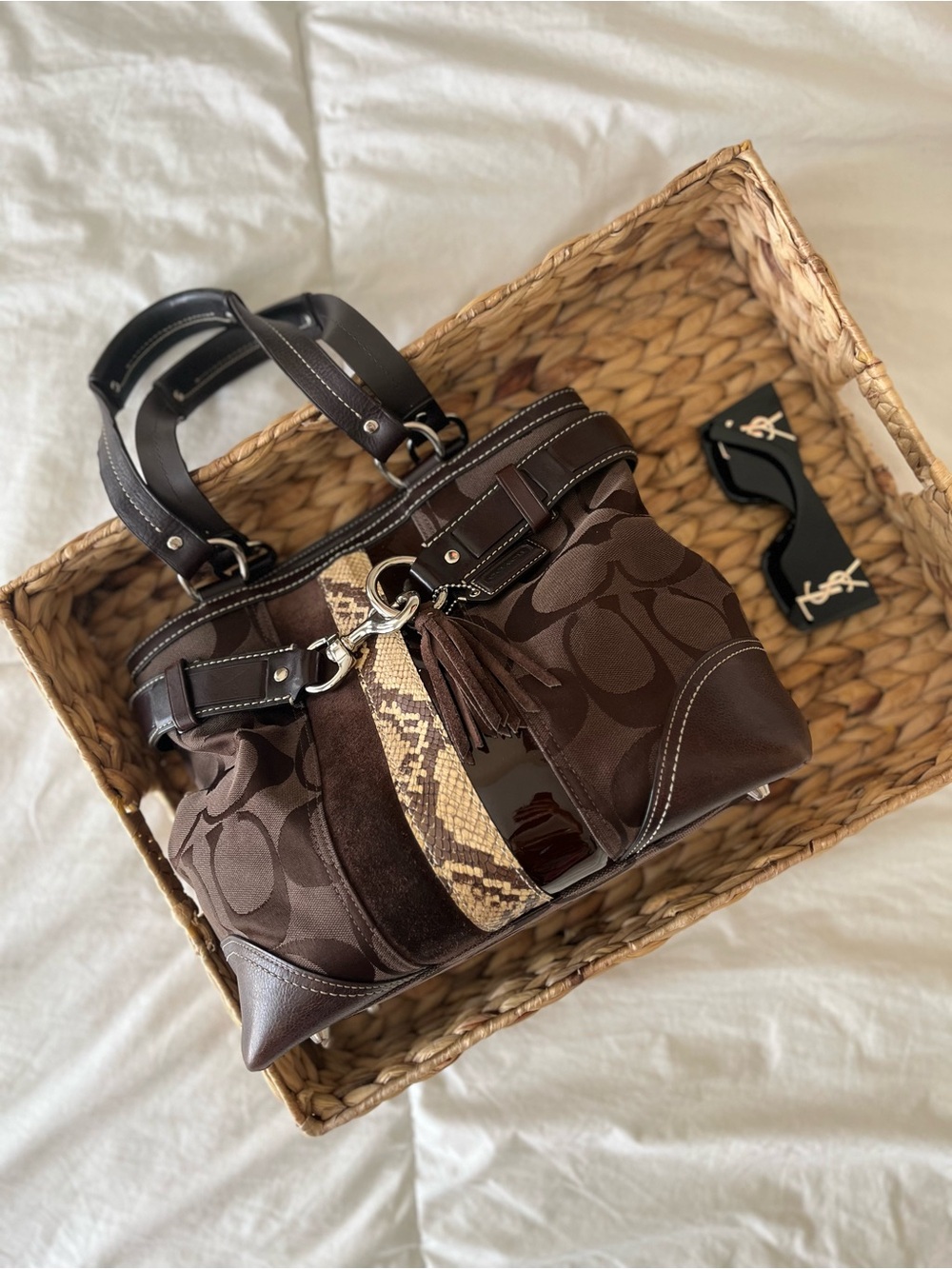 Coach Dark Brown Signature Satchel with Snakeskin Accent